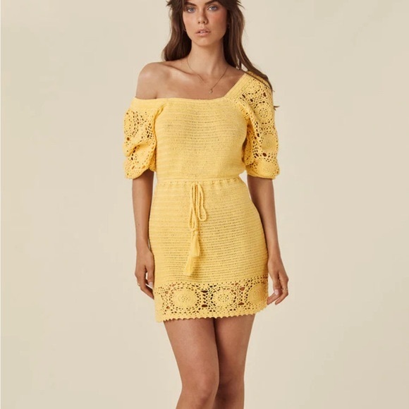 Spell x Free People Let The Sunshine In Sm Yellow Crochet Handmade Knit Mini - Picture 5 of 11